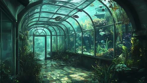 Submerged glass conservatory merges corridor architecture with dense marine biome