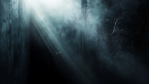 Cinematic volumetric light shaft in textured dark corridor.