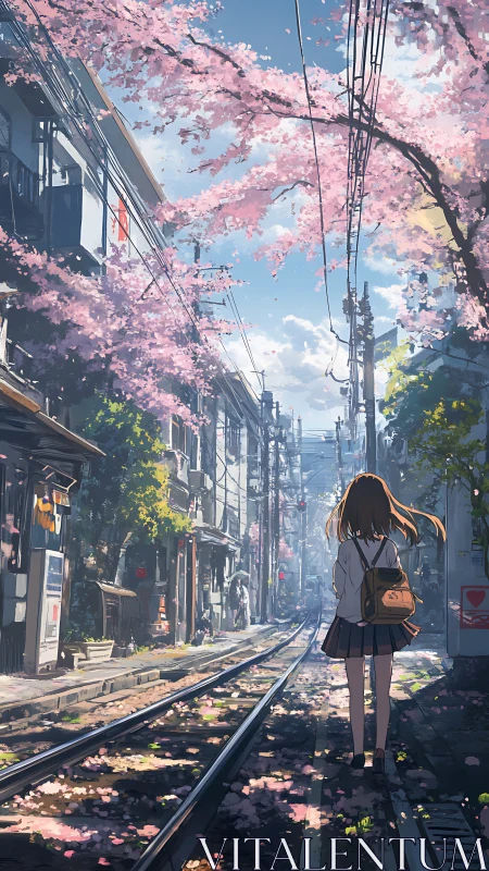 Spring urban railway corridor with solitary schoolgirl perspective.