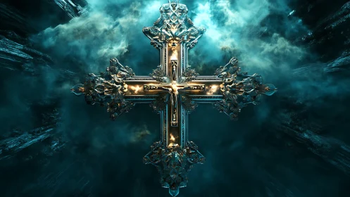 Ornate metallic cross rendered in glowing cinematic 3D scene