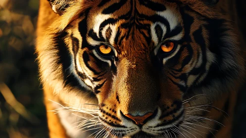 Tiger eyes burn through shadow with searing golden light.