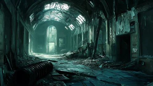 Post-apocalyptic corridor concept art with vaulted decay lighting.