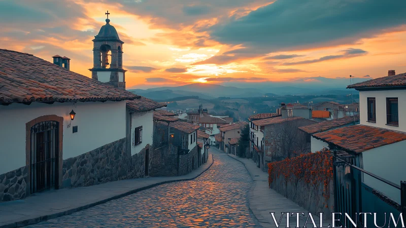 Sunset-lit cobblestone street descending through hill village.