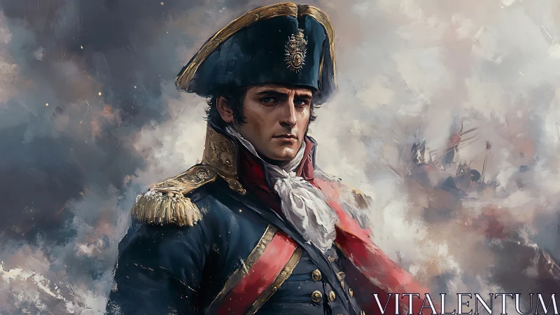 Napoleonic officer portrait amid stormy battlefield smoke