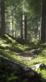 Sunlit Forest Path Among Ancient Trees and Soft Moss.