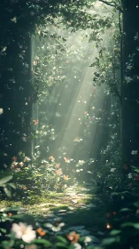 Sunlit garden corridor reveals ethereal light through flowering vines.