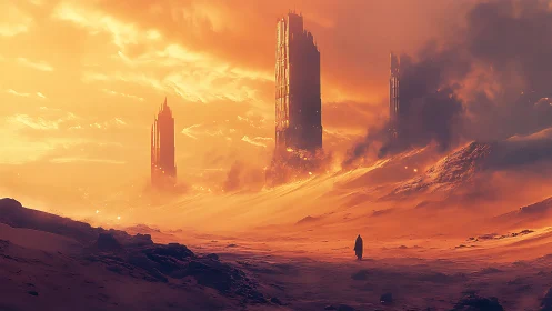 Desert wanderer before burning monolithic ruins at dusk.