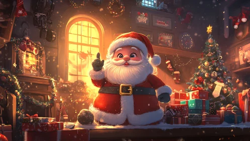 Festive Santa character in glowing workshop interior lighting.