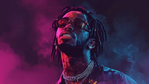 Neon-lit portrait uses dual-tone rim lighting on stylized rapper