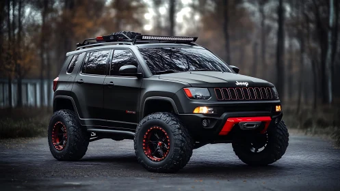 Lifted matte black Jeep SUV with red off road accents.