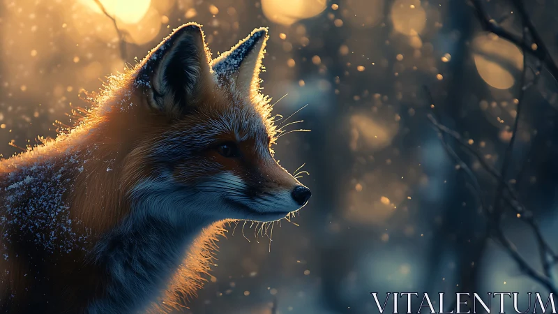 Winter fox pauses quietly in golden evening snowfall glow