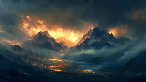 Fiery mountain range under stormy clouds at dusk.