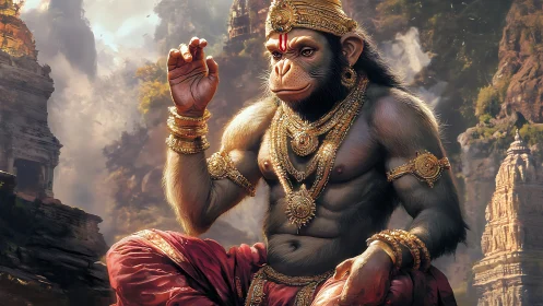 Divine monkey warrior sits crowned in golden temple mist
