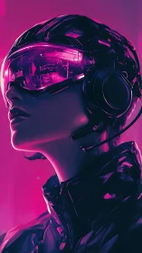 Futuristic woman wearing neon VR visor and headset gear.