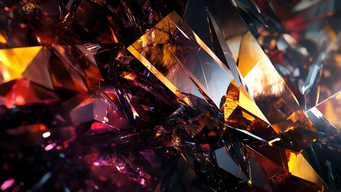Shattered amber crystals reflect saturated light in closeup