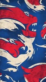 Bold red dragon swirls over deep blue, roaring with energy.