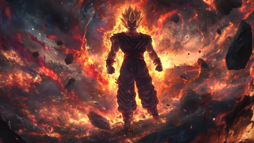 Storm-lit warrior strides through a collapsing cosmic inferno