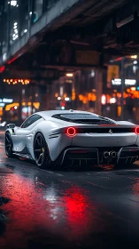 Photorealistic supercar underpass scene with neon rain reflections.