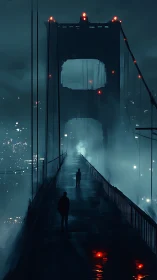 Cinematic digital bridge corridor in nocturnal fog perspective.