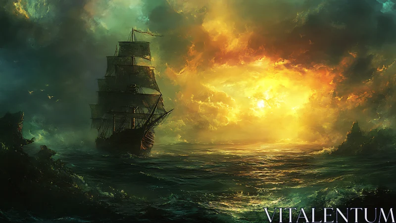 Storm-tossed galleon sails toward a blazing golden horizon.