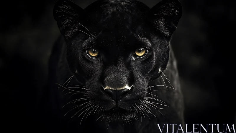 Black Panther Close-up Portrait with Golden Eyes Against Dark Background.