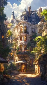 Sunlit European street bathes in warm afternoon glow.