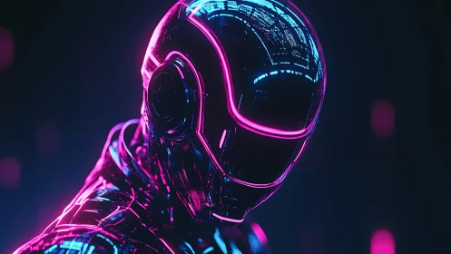 Neon-lit cybernetic helmet reflects futuristic city lights