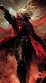 Gun-wielding antihero in crimson coat amid explosive embers.