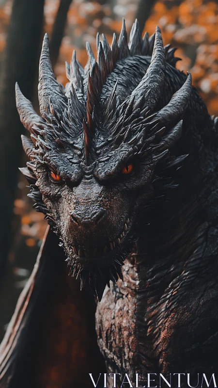 Regal ember-eyed dragon pausing in a quiet autumn forest.