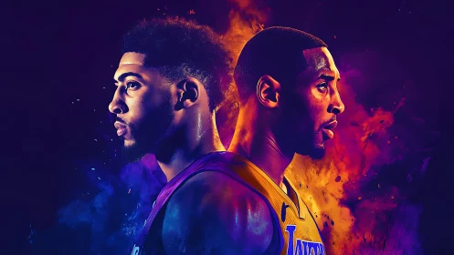 Two basketball players in profile with vivid neon colors.