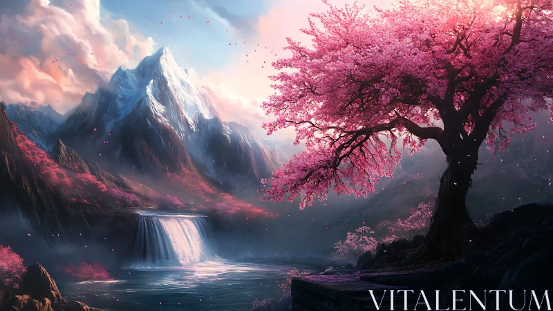 Pink blossom tree above misty waterfall and mountains.