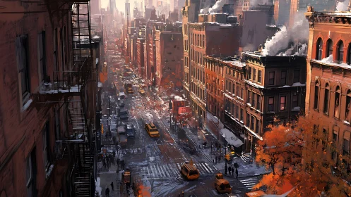 Winter city avenue with taxis under warm dusk light.