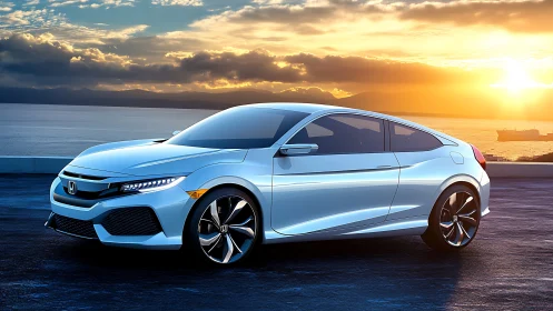 Sleek white Honda coupe stands beside ocean at vivid sunset