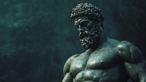 Monumental bronze warrior bust in moody teal light.