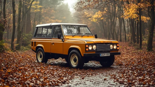 Autumn trail guardian car glowing through copper forest hush.