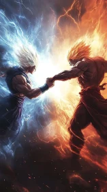 Bicolor energy duel between muscular warriors in midair clash