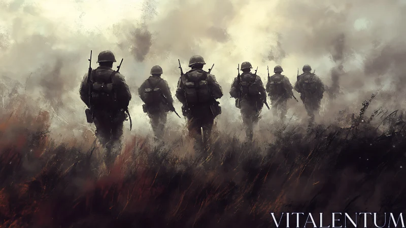 Soldiers advance through smoke filled battlefield landscape.