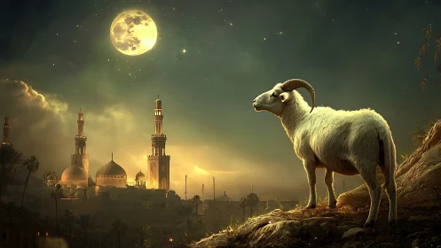 Ram on moonlit ridge overlooking ornate Middle Eastern city