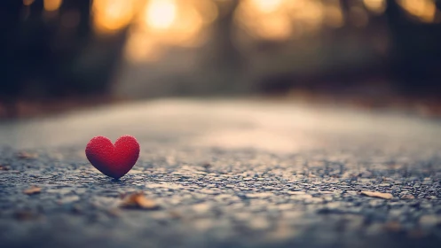 Red cardiac form resting on weathered asphalt surface with bokeh lighting