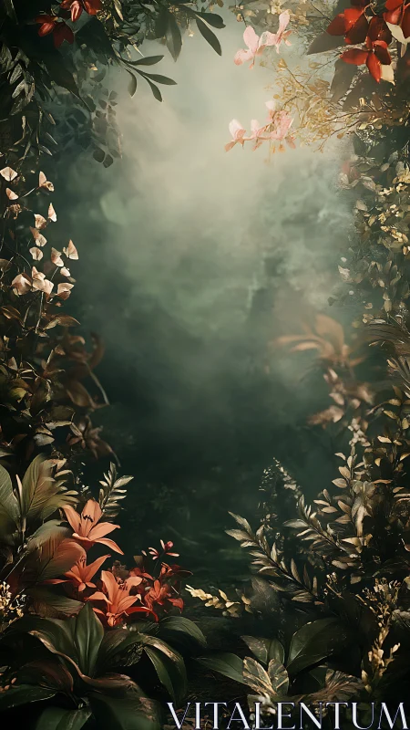 Dense tropical foliage framing misty central clearing scene.