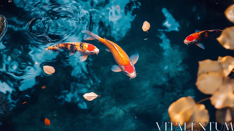Koi fish swimming in clear blue pond with floating leaves.