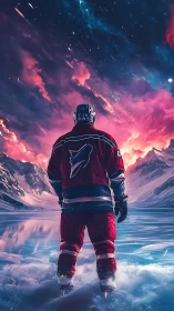 Hockey player surveys nebula sky above frozen alpine lake