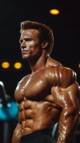 Male bodybuilder with defined musculature under gym lights.