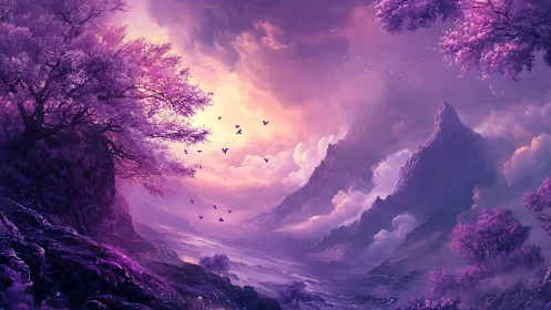Violet fantasy valley under luminous storm-lit cloudscape