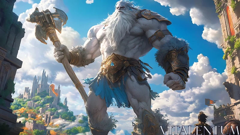 Colossal armored giant with axe in bright fantasy cityscape.