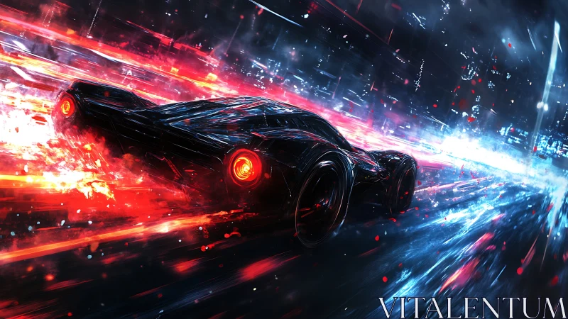 Futuristic black supercar races through neon city street.