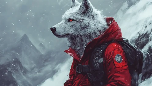 Crimson parka wolf scout in harsh alpine blizzard panorama.