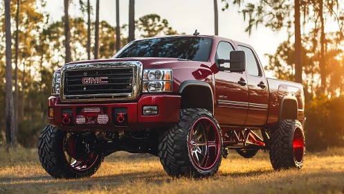 Lifted red GMC truck gleams at golden hour in forest clearing
