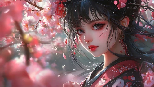 Digital painting portrait in sakura bloom with bokeh depth rendering.