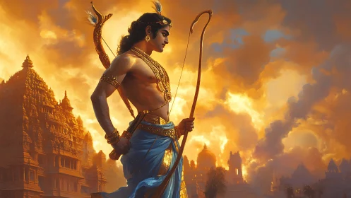 Sun-forged archer prince above blazing temple skyline.